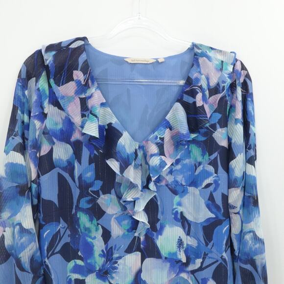 Soft‎ Surroundings Shirt Womens Large Blue Floral Ruffle Corpcore Chiffon V Neck - Picture 8 of 13